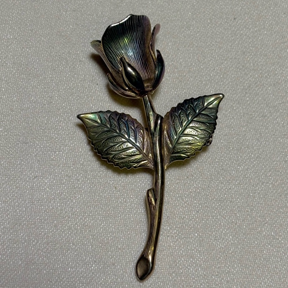 Vtg Iridescent Metallic Rose Brooch